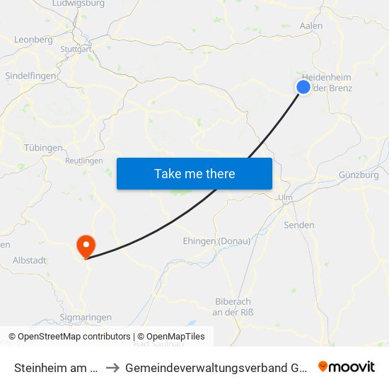 Steinheim am Albuch to Gemeindeverwaltungsverband Gammertingen map