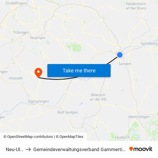 Neu-Ulm to Gemeindeverwaltungsverband Gammertingen map