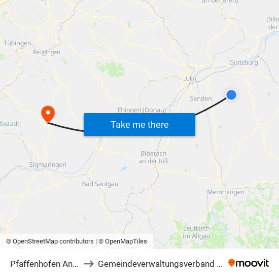 Pfaffenhofen An Der Roth to Gemeindeverwaltungsverband Gammertingen map