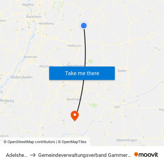 Adelsheim to Gemeindeverwaltungsverband Gammertingen map