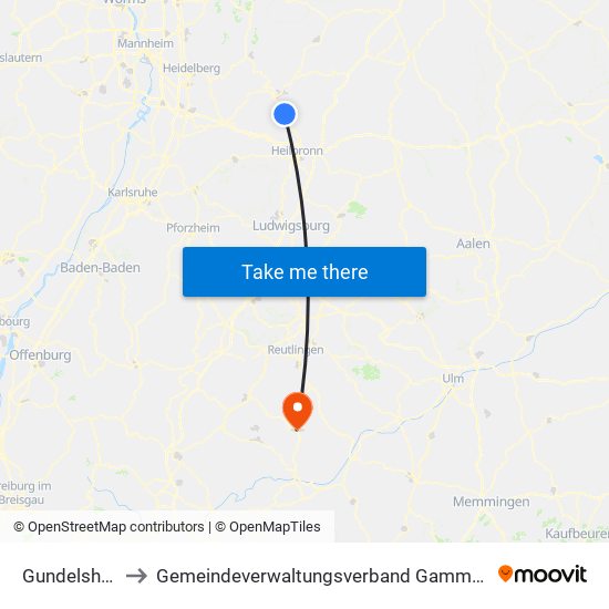 Gundelsheim to Gemeindeverwaltungsverband Gammertingen map