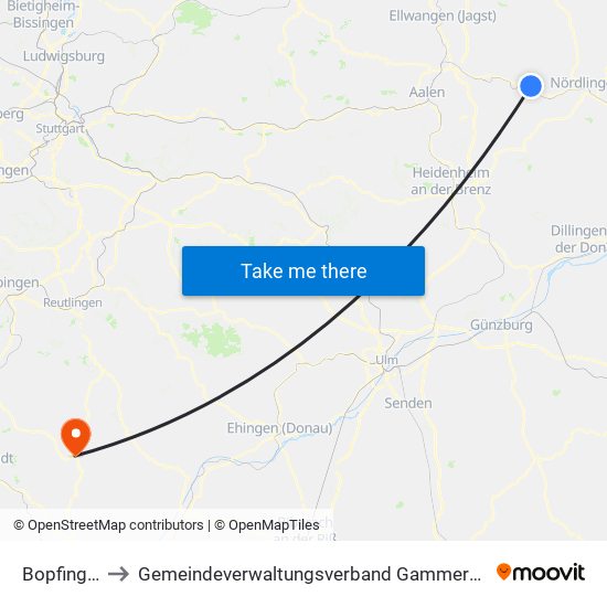 Bopfingen to Gemeindeverwaltungsverband Gammertingen map