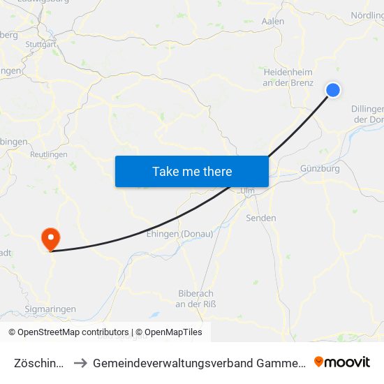Zöschingen to Gemeindeverwaltungsverband Gammertingen map