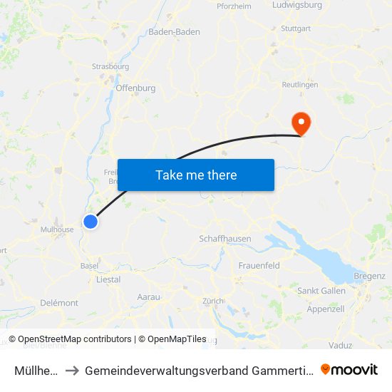 Müllheim to Gemeindeverwaltungsverband Gammertingen map