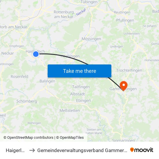 Haigerloch to Gemeindeverwaltungsverband Gammertingen map