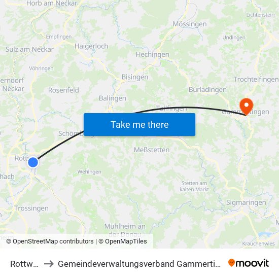 Rottweil to Gemeindeverwaltungsverband Gammertingen map