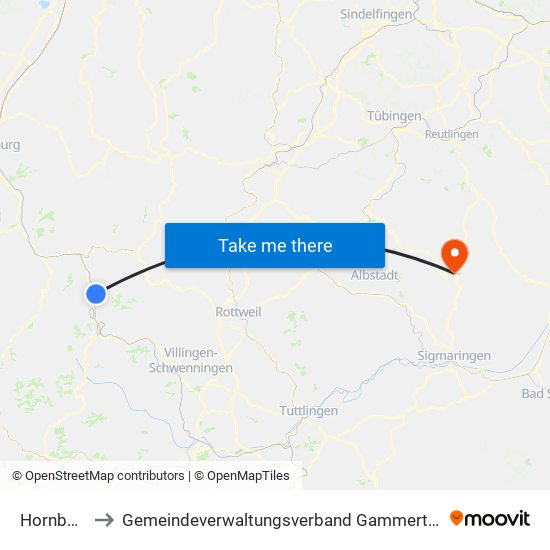 Hornberg to Gemeindeverwaltungsverband Gammertingen map