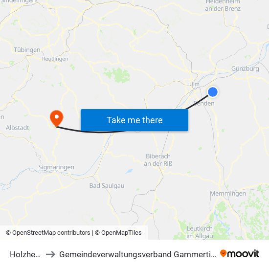 Holzheim to Gemeindeverwaltungsverband Gammertingen map