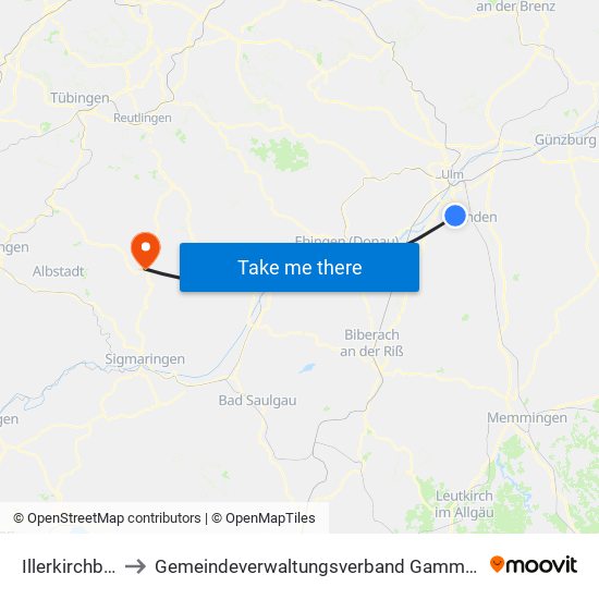 Illerkirchberg to Gemeindeverwaltungsverband Gammertingen map
