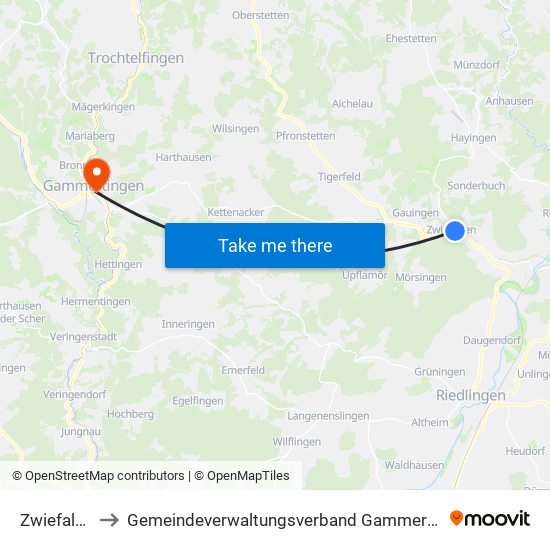 Zwiefalten to Gemeindeverwaltungsverband Gammertingen map