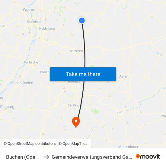 Buchen (Odenwald) to Gemeindeverwaltungsverband Gammertingen map