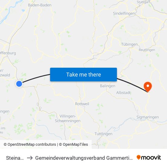Steinach to Gemeindeverwaltungsverband Gammertingen map