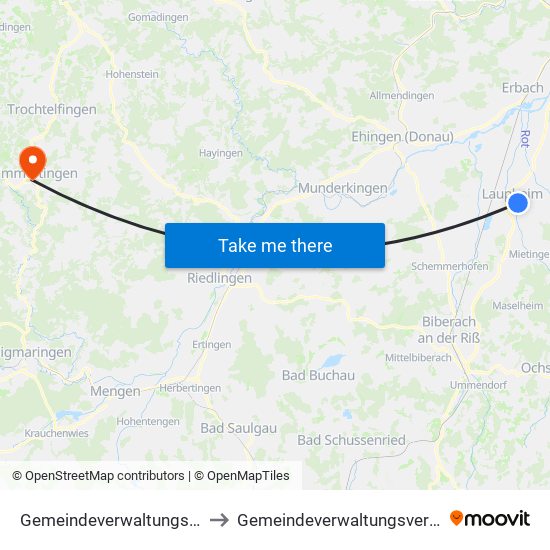 Gemeindeverwaltungsverband Laupheim to Gemeindeverwaltungsverband Gammertingen map