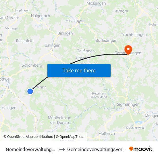 Gemeindeverwaltungsverband Heuberg to Gemeindeverwaltungsverband Gammertingen map