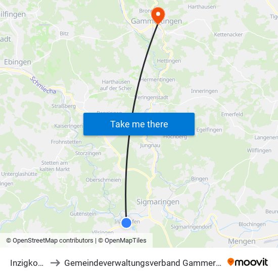 Inzigkofen to Gemeindeverwaltungsverband Gammertingen map