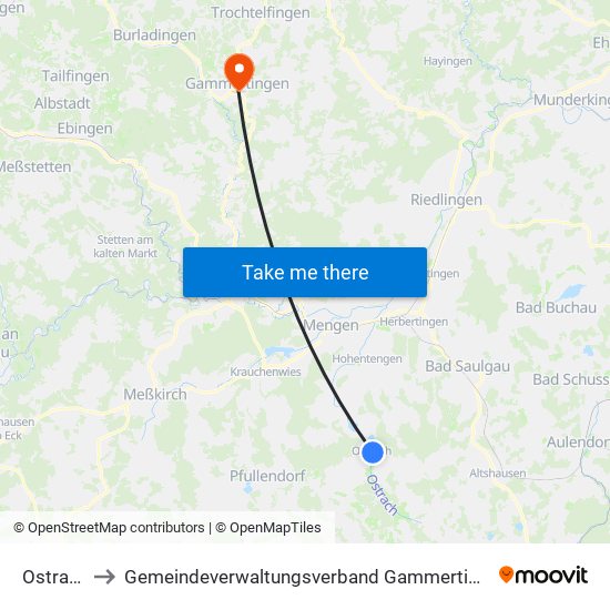 Ostrach to Gemeindeverwaltungsverband Gammertingen map