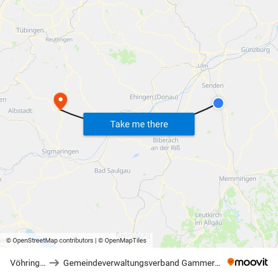 Vöhringen to Gemeindeverwaltungsverband Gammertingen map
