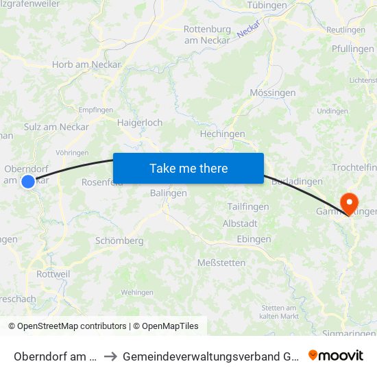 Oberndorf am Neckar to Gemeindeverwaltungsverband Gammertingen map