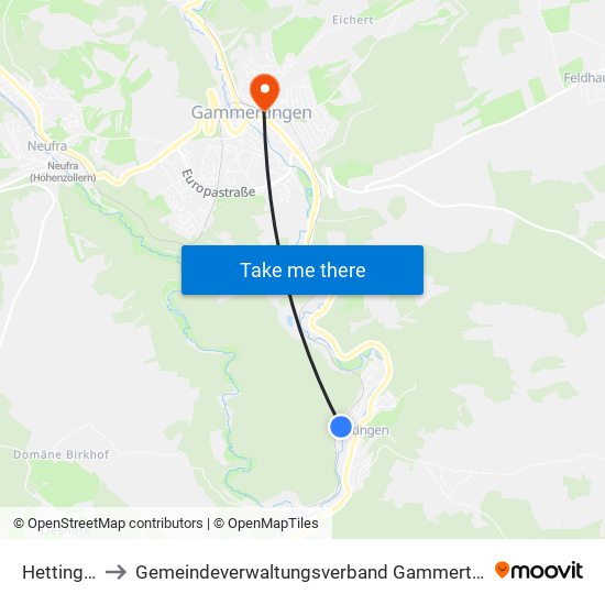 Hettingen to Gemeindeverwaltungsverband Gammertingen map