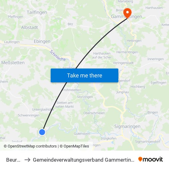 Beuron to Gemeindeverwaltungsverband Gammertingen map