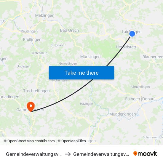 Gemeindeverwaltungsverband Laichinger Alb to Gemeindeverwaltungsverband Gammertingen map