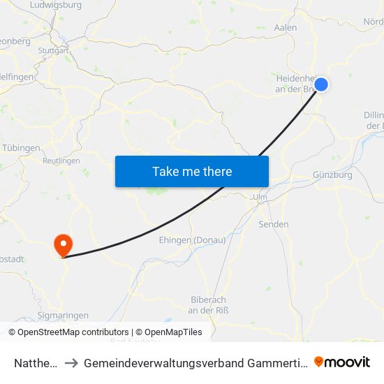 Nattheim to Gemeindeverwaltungsverband Gammertingen map