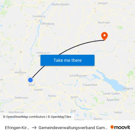 Efringen-Kirchen to Gemeindeverwaltungsverband Gammertingen map