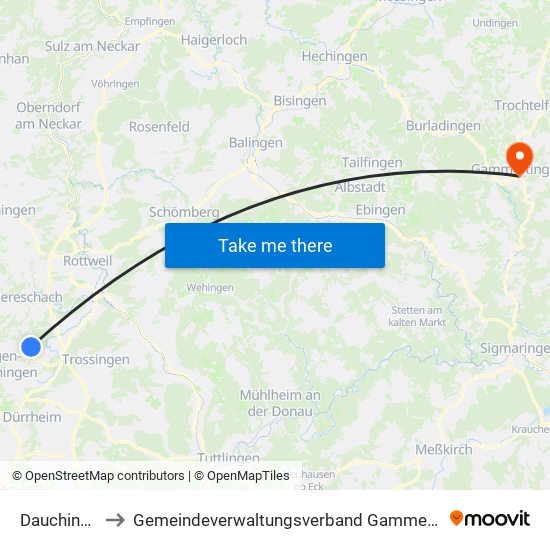 Dauchingen to Gemeindeverwaltungsverband Gammertingen map