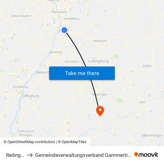 Reilingen to Gemeindeverwaltungsverband Gammertingen map
