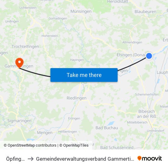 Öpfingen to Gemeindeverwaltungsverband Gammertingen map
