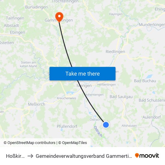 Hoßkirch to Gemeindeverwaltungsverband Gammertingen map