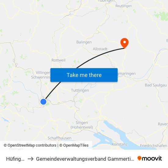 Hüfingen to Gemeindeverwaltungsverband Gammertingen map
