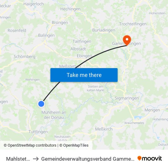 Mahlstetten to Gemeindeverwaltungsverband Gammertingen map