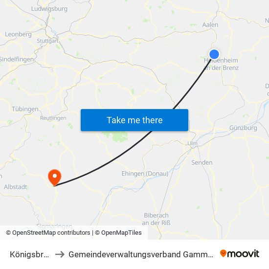 Königsbronn to Gemeindeverwaltungsverband Gammertingen map
