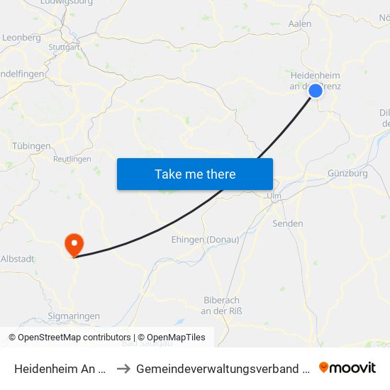 Heidenheim An Der Brenz to Gemeindeverwaltungsverband Gammertingen map