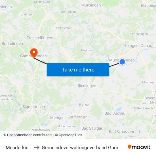 Munderkingen to Gemeindeverwaltungsverband Gammertingen map