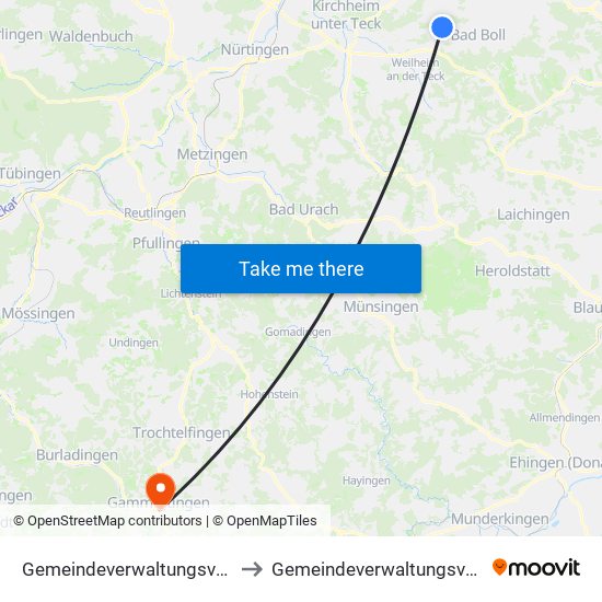 Gemeindeverwaltungsverband Raum Bad Boll to Gemeindeverwaltungsverband Gammertingen map