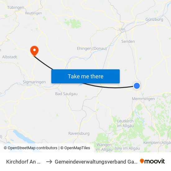 Kirchdorf An Der Iller to Gemeindeverwaltungsverband Gammertingen map