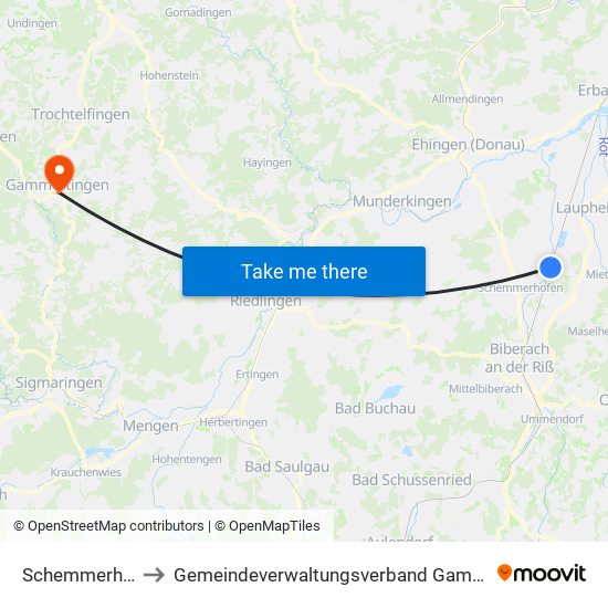 Schemmerhofen to Gemeindeverwaltungsverband Gammertingen map