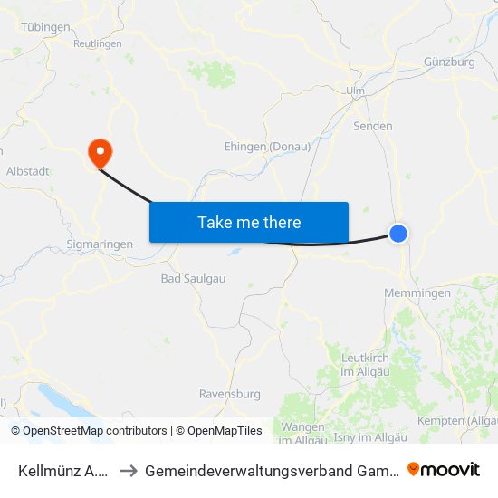 Kellmünz A.D.Iller to Gemeindeverwaltungsverband Gammertingen map