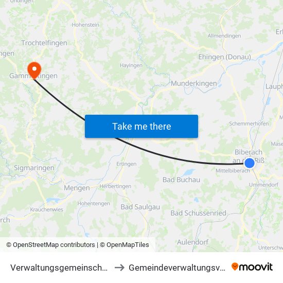 Verwaltungsgemeinschaft Biberach An Der Riß to Gemeindeverwaltungsverband Gammertingen map