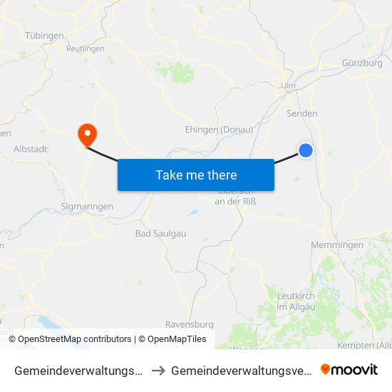 Gemeindeverwaltungsverband Dietenheim to Gemeindeverwaltungsverband Gammertingen map