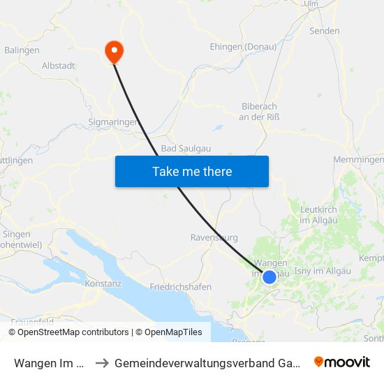 Wangen Im Allgäu to Gemeindeverwaltungsverband Gammertingen map