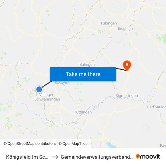 Königsfeld Im Schwarzwald to Gemeindeverwaltungsverband Gammertingen map