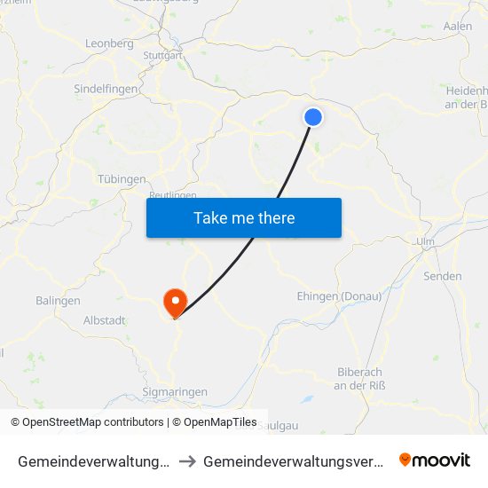 Gemeindeverwaltungsverband Voralb to Gemeindeverwaltungsverband Gammertingen map