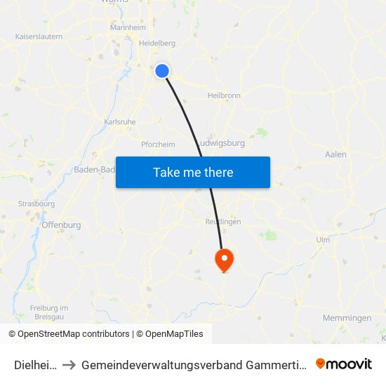 Dielheim to Gemeindeverwaltungsverband Gammertingen map