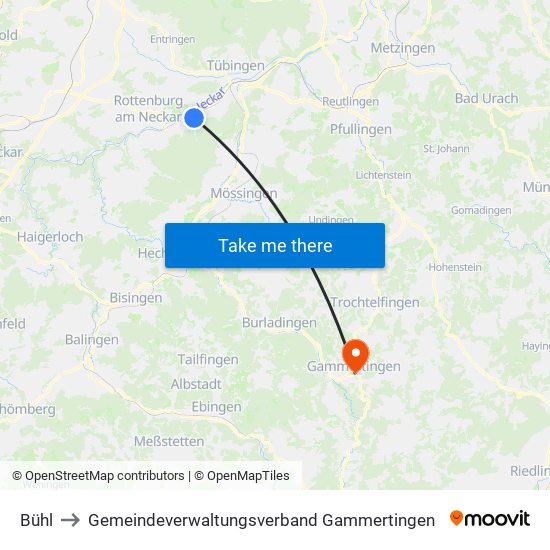 Bühl to Gemeindeverwaltungsverband Gammertingen map