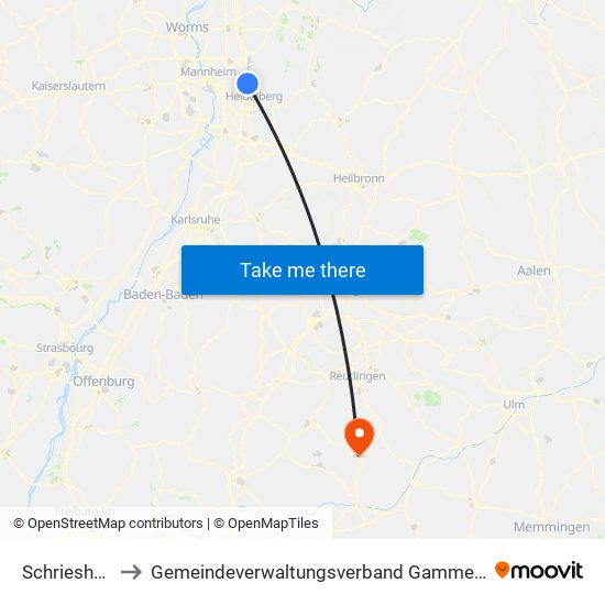 Schriesheim to Gemeindeverwaltungsverband Gammertingen map