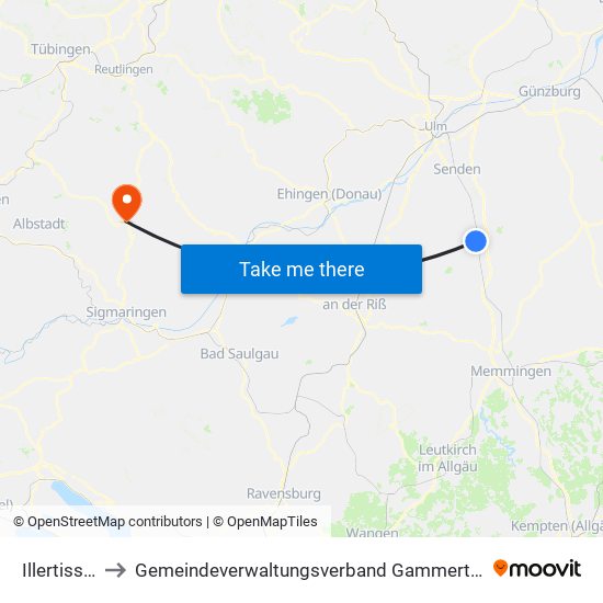 Illertissen to Gemeindeverwaltungsverband Gammertingen map