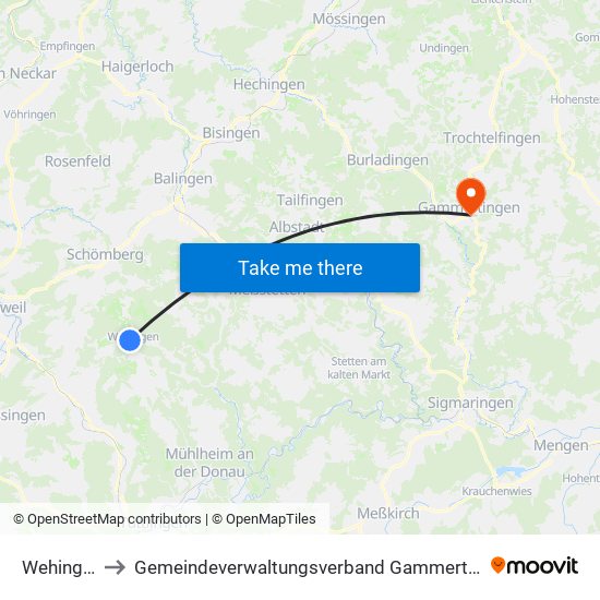 Wehingen to Gemeindeverwaltungsverband Gammertingen map